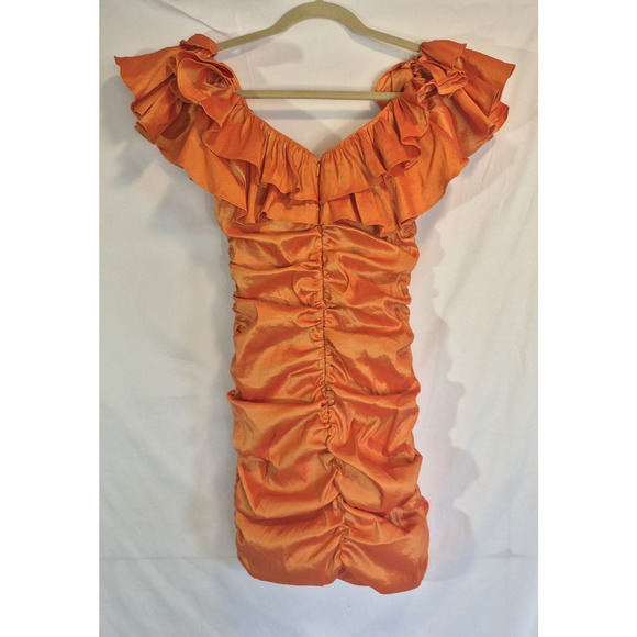 New Lovers & Friends Orange Nikolina Ruffled Off the Shoulder Ruched Dress Small - Picture 7 of 8